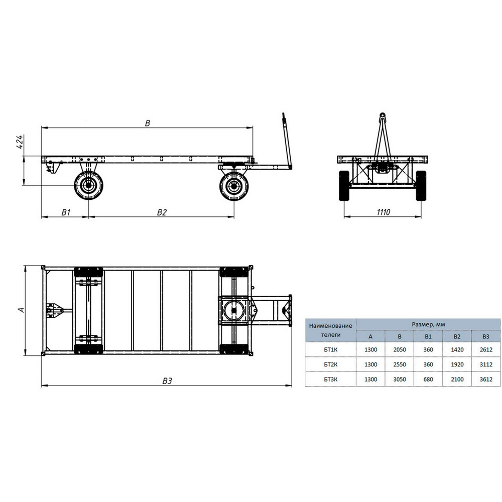 Большегрузная тележка БТ-К (г/п 3 т, 3000x1250 мм, без настила, без бортов)